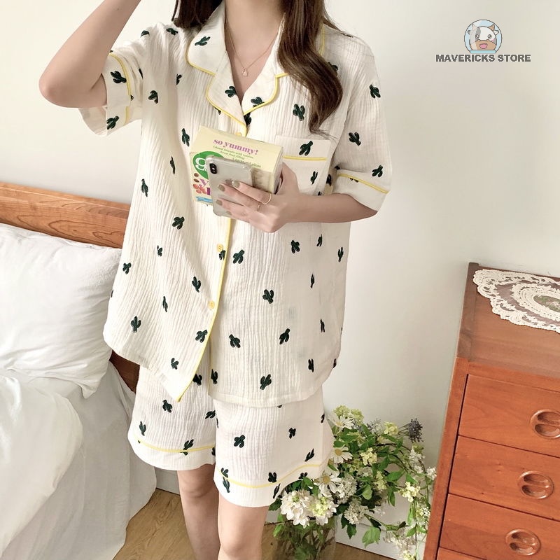 Bộ đồ ngủ cotton lanh ngắn tay họa tiết xương rồng phong cách Hàn Quốc thời trang cho nữ