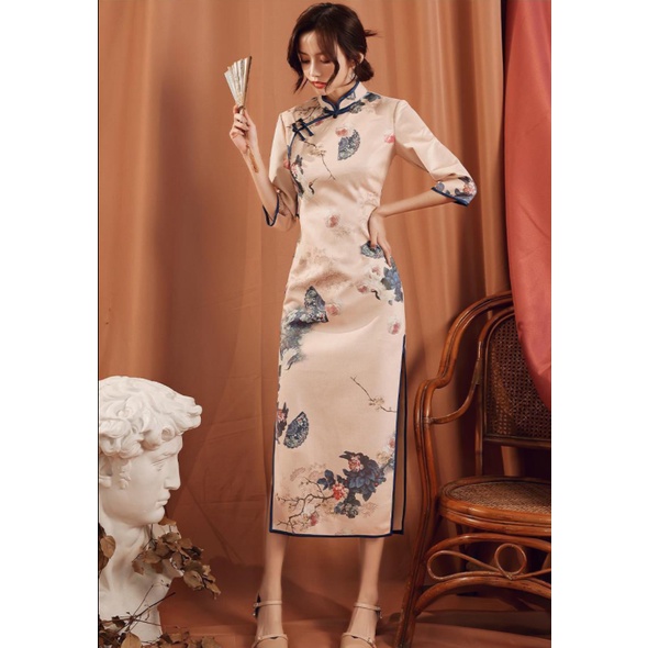 Đầm sườn xám dáng dài thiết kế mới thời trang phong cách Pháp dành cho bạn nữ