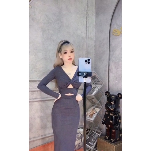 Đầm Cổ V Xoắn Eo Dáng Dài Ôm Body, váy dự tiệc sang chảnh sexy