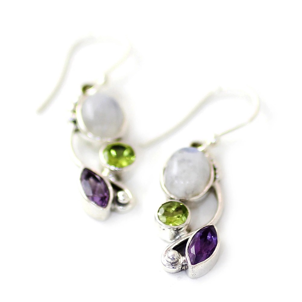 🍀Cochise🍀 Round Faux Moonstone Emerald Amethyst Earrings