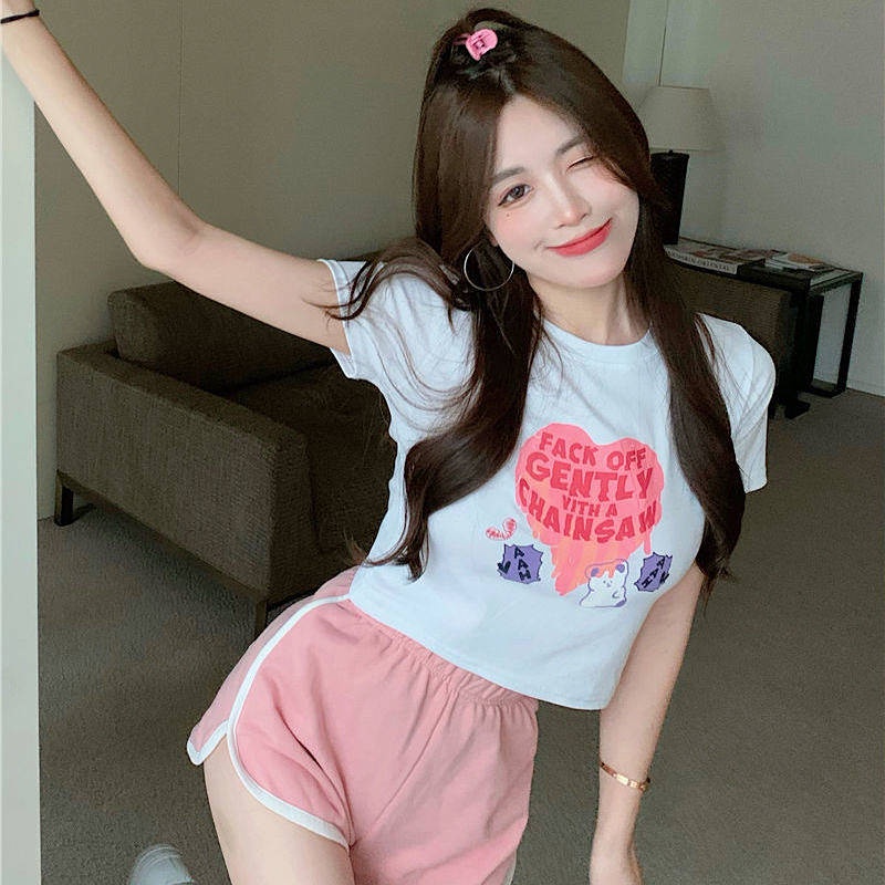 Cotton New Summer T-shirt Love Bear Short Bare Midriff Slim Fit Women's Short Sleeve Slim Fit All-Match Women's Shirt Ins Fashion JRUI