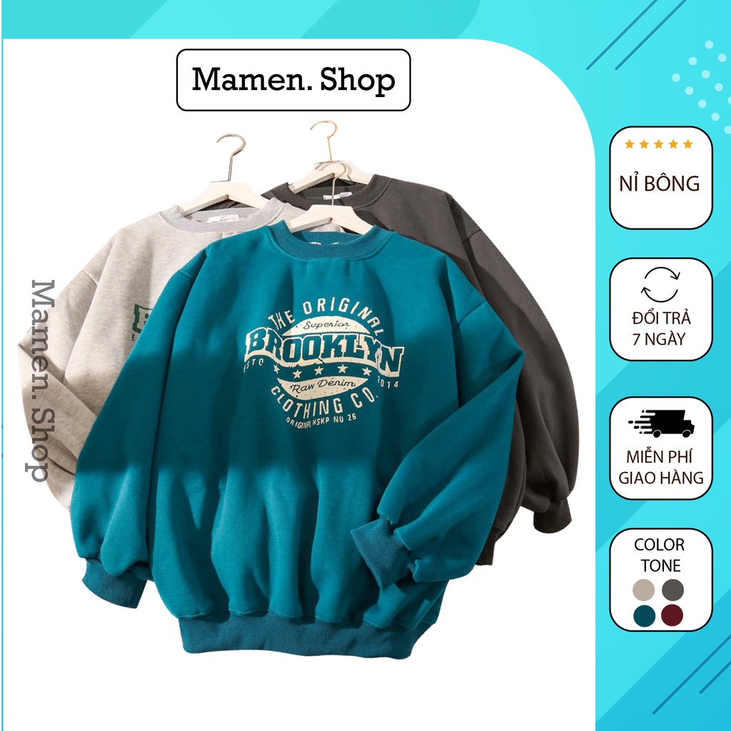 Áo Sweater Nỉ Bông BROOKLYN Nam Nữ Form Rộng Unisex Tay Bồng,  Hàng Quảng Châu Xuất Dày Đẹp Mamen Shop
