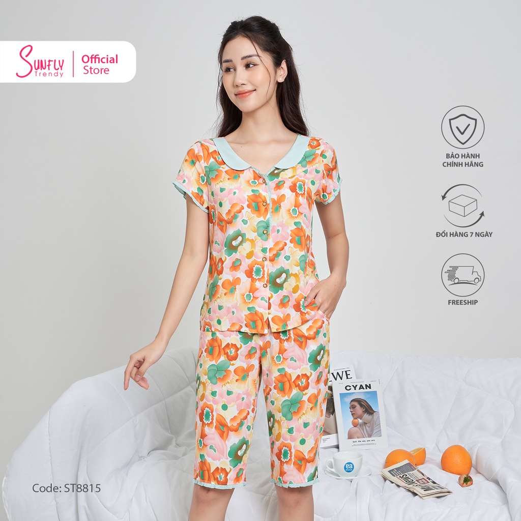 Bộ mặc nhà nữ pijamas lanh SUNFLY áo cộc, quần trên gối ST8815