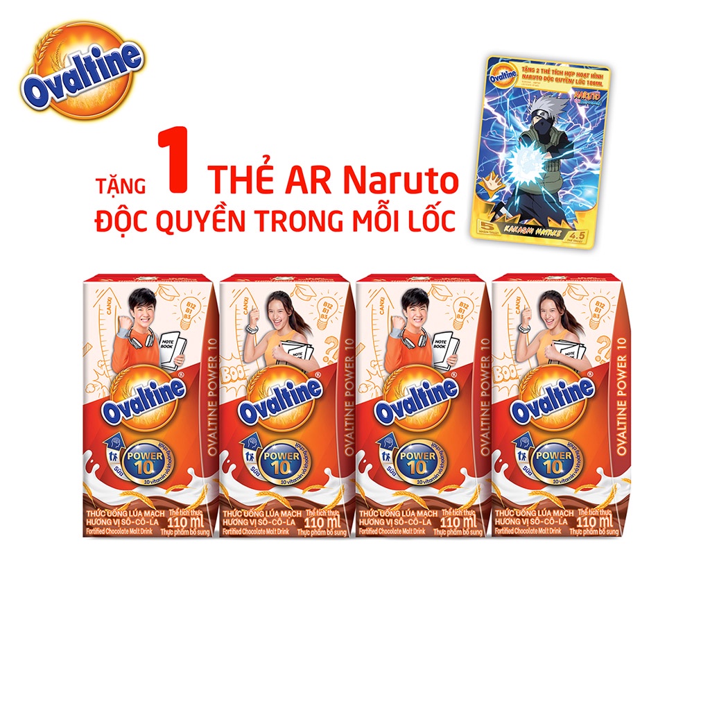 (Tặng kèm 1 thẻ AR NARUTO) Thức uống lúa mạch hương vị sô-cô-la Ovaltine hộp giấy 110mlx4 công thức mới