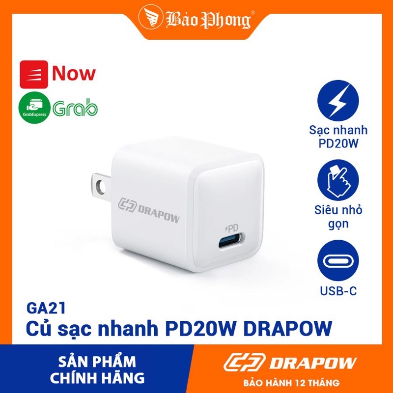 Củ sạc nhanh Nano 20W IP13 Drapow GA21 chuẩn GaN PD siêu nhỏ gọn cho IP 14 13 x xs max 11 12 pro max 7 8 plus cốc cóc