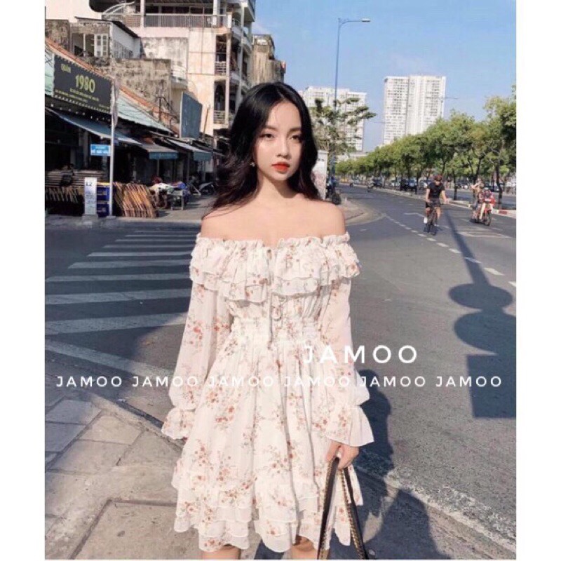 Váy hoa nhí siêu xinh _ Đầm hoa nhí trễ vai hai màu JAMOO (hình shop tự chụp/sẵn) | BigBuy360 - bigbuy360.vn