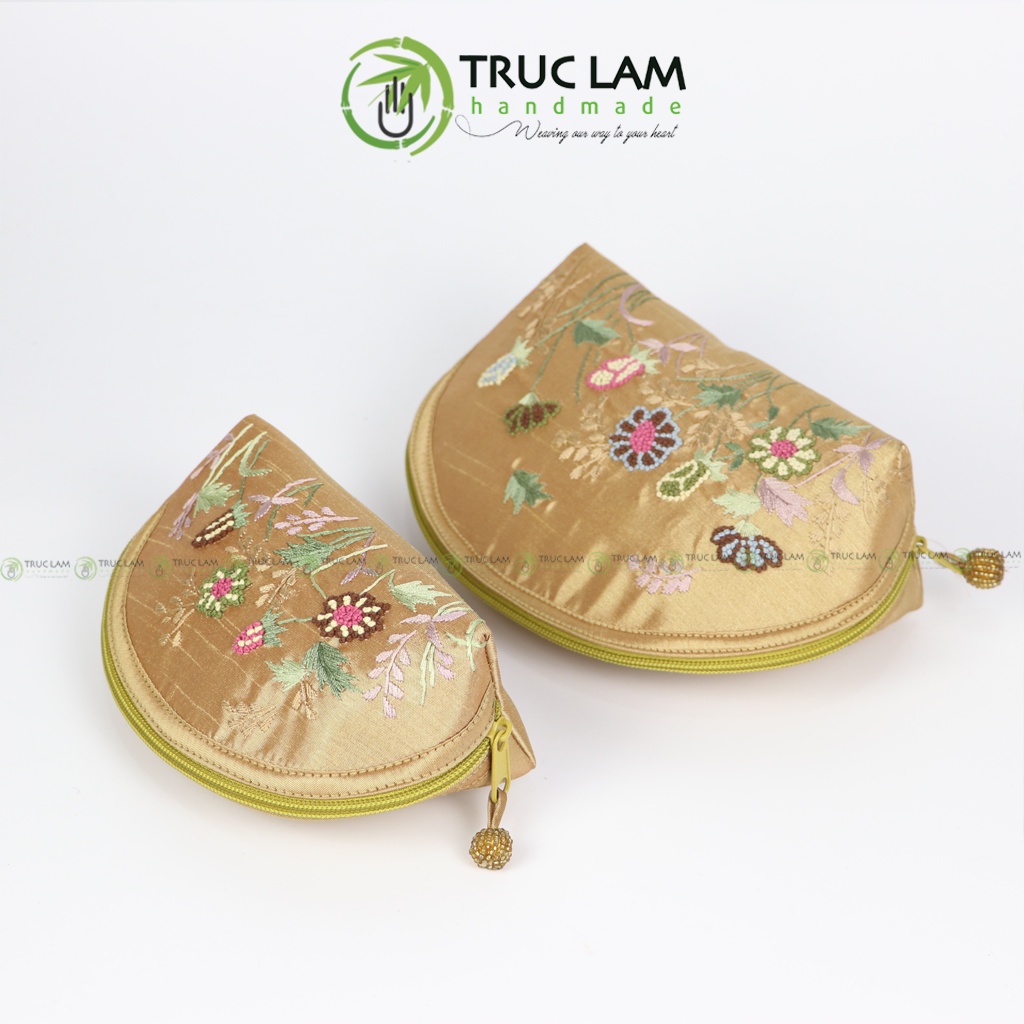 Ví Cầm Tay Nữ Ví Sò Vải Tafta Họa Tiết Hoa Cỏ Thêu Tay 2 Mặt Set 2 Chiếc - Trúc Lâm Handmade