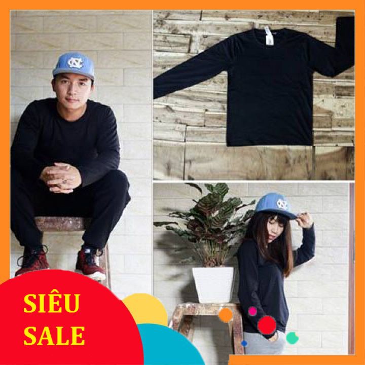 Áo thun đen dài tay chất cotton cổ tròn form rộng cho nam nữ