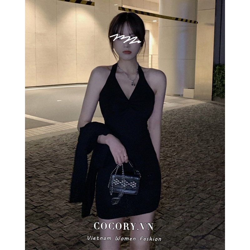 Cocory vn Đầm Mini Màu Đen Cổ Yếm Quyến Rũ Hợp Thời Trang Cho Nữ