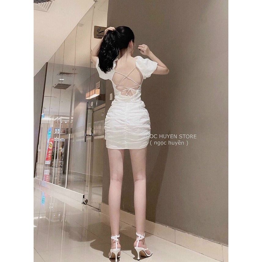 Đầm ôm body nữ đan dây hở lưng, đầm cổ vuông nhún tay phồng, đầm đen trắng nhún hông đi chơi dạo phố sexy