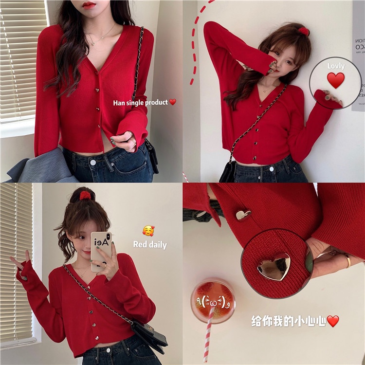 622256#Áo Khoác Cardigan Dệt Kim Cổ Chữ v Màu Đỏ Thời Trang Mùa Thu Mới 2022 Cho Nữ