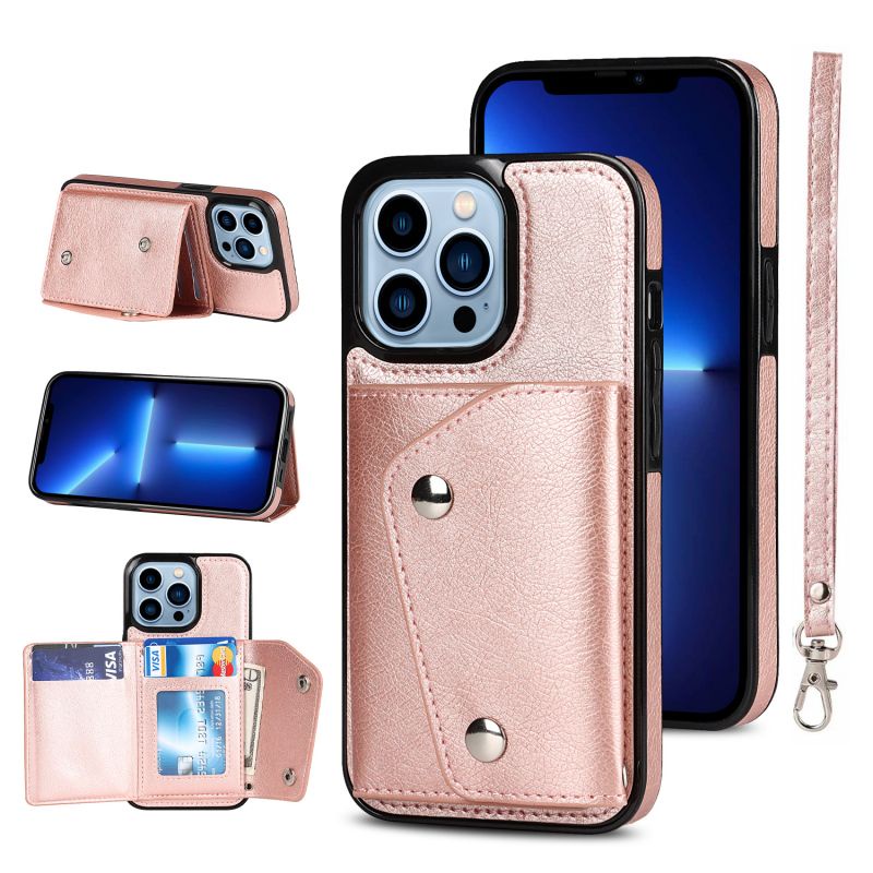 Ốp Điện Thoại Da Kèm Ngăn Đựng Thẻ + Dây Đeo Sang Trọng Cho iPhone 13 ProMax 13 Pro 13 Mini 12 ProMax 12 13 12 Pro 12 Mini 11 ProMax