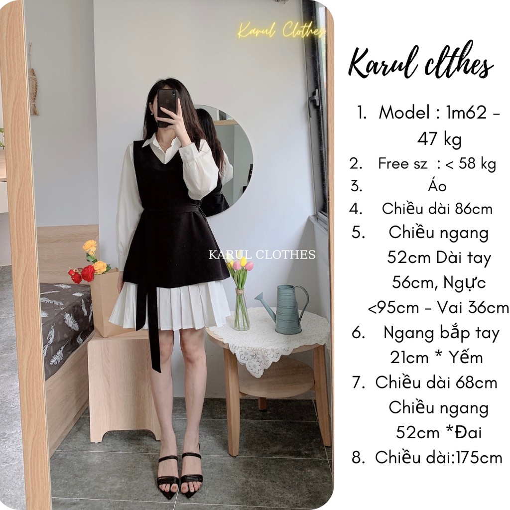 Set váy  sơ mi trắng  kết hợp yếm đen thắt eo xếp ly, Set váy dáng dà xếp ly i thắt eo xinh xắn