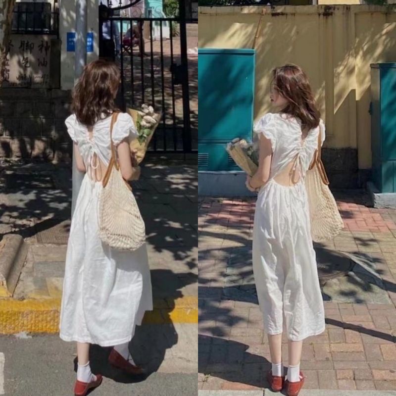ĐẦM MIDI TRẮNG CUTOUT LƯNG RÚT DÂY