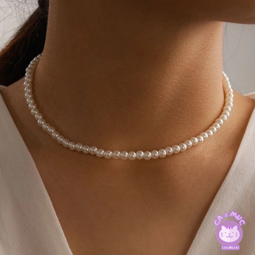 Vòng cổ choker xỏ hạt ngọc trai giả thời trang
