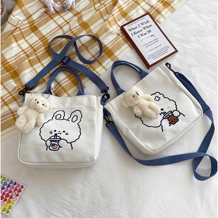 Túi tote vải canvas nữ đeo vai mini họa tiết gấu thỏ cute thời trang Ulzzang Hàn Quốc