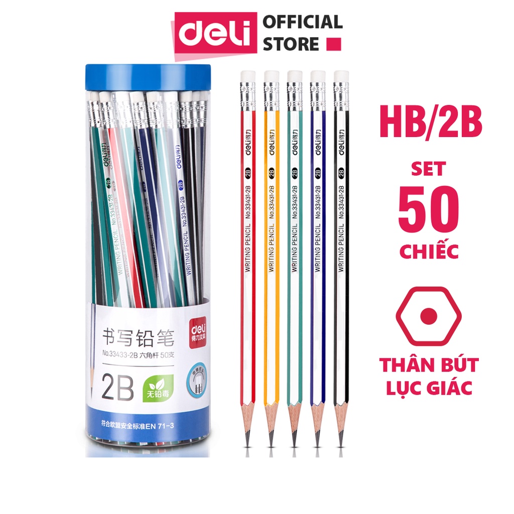 Hộp 50 bút chì gỗ tự nhiên HB/2B có đầu tẩy Deli - Dễ chuốt, an toàn và nhạy với máy chấm thi