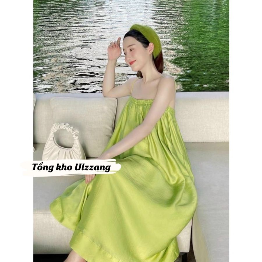 Váy Đầm Maxi Đi Biển Hai Dây Xòe Vải Đũi Lụa Mềm Mát Màu Xanh Lá Xanh Bơ