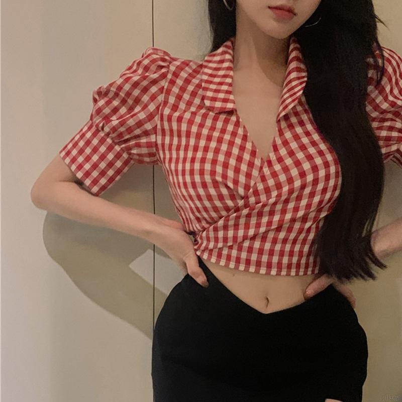 Áo Croptop Tay Ngắn Cổ Chữ V Họa Tiết Sọc Caro Phong Cách Hàn Quốc