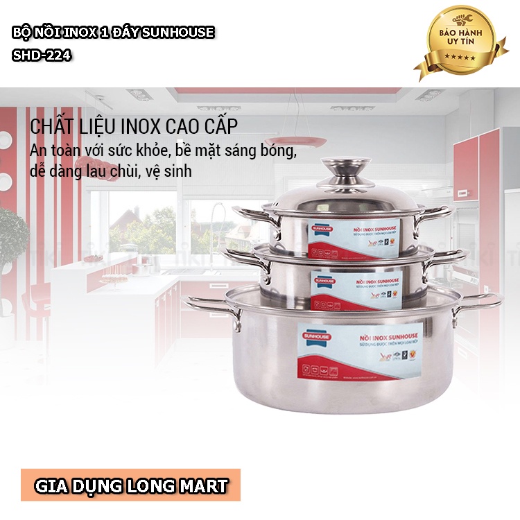 Bộ Nồi INOX 1 Đáy SUNHOUSE SHD224, Thích Hợp Các Loại Bếp, Bếp Từ, Bếp Gas, Bếp Hồng Ngoại, Hàng Chính Hãng BH 12 Tháng