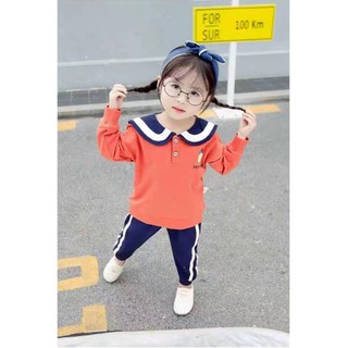 Bộ quần áo bé gái gồm áo thủy thủ, dài tay, màu cam đỏ và quần dài ống trơn, chất thun cotton cho bé gái từ 8 đến 20 kg