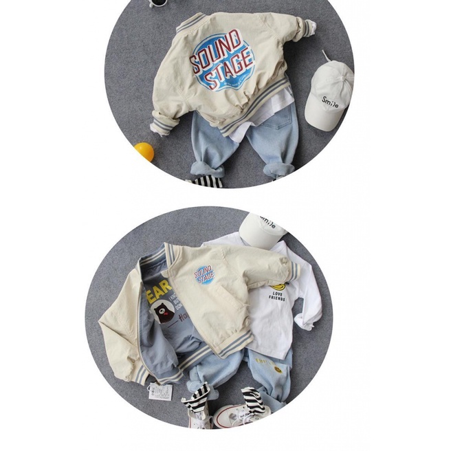 Áo khoác dây kéo hai mặt in hình gấu và chữ thời trang xuân thu dành cho bé trai 2021