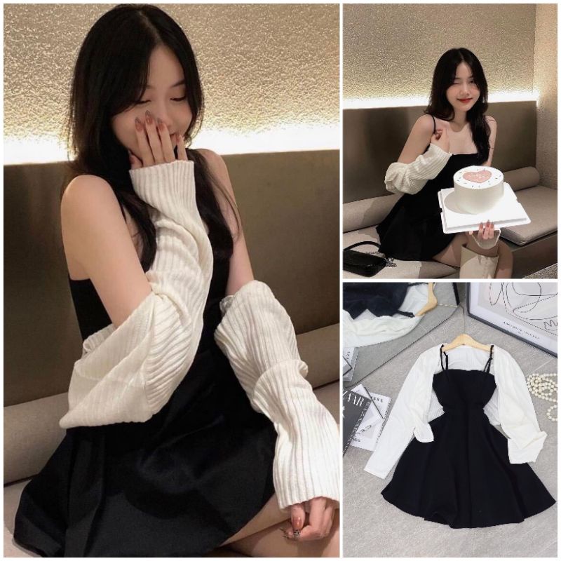 Váy Sét Váy 2 Dây Dáng Xòe Kèm Áo Cardigan Bánh Bèo, Sét Đầm Ulzzang Tiểu Thư