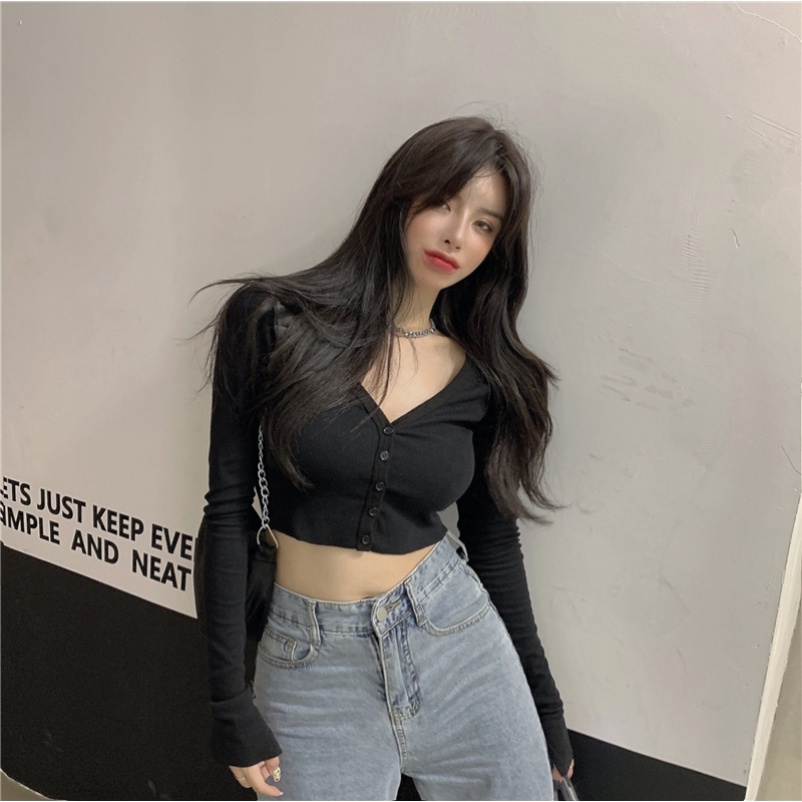 Áo dệt kim tay dài thiết kế cổ chữ V quyến rũ cho nữ