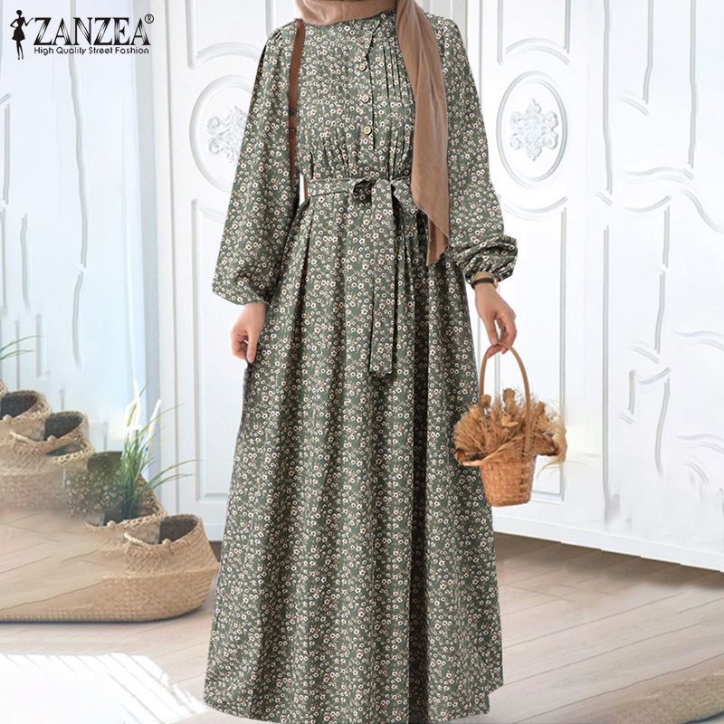 Đầm dài Zanzea tay phồng cổ tròn in họa tiết hoa phong cách cổ điển dành cho nữ