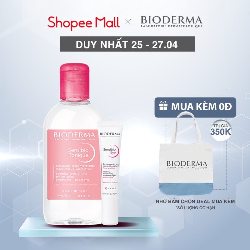 Bộ đôi dung dịch cân bằng, dưỡng ẩm cho da nhạy cảm Bioderma Sensibio Tonique 250ml và kem dưỡng giảm bọng mắt 15ml