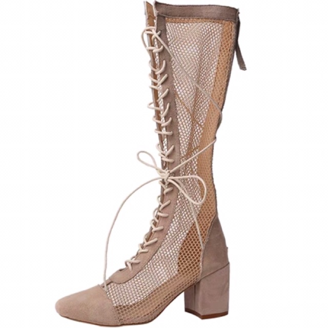 Boots lưới cho nữ cổ cao dưới đầu gối da lộn đan dây gót vuông cao 7cm có khoá kéo