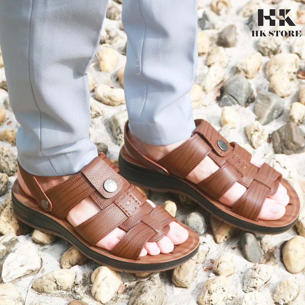 Dép sandal nam trung niên 💝 HK.STORE 💝 da bò xịn kết hợp đế kếp cao 3,5cm cực đẹp khâu may chân quai công nghệ 2021.