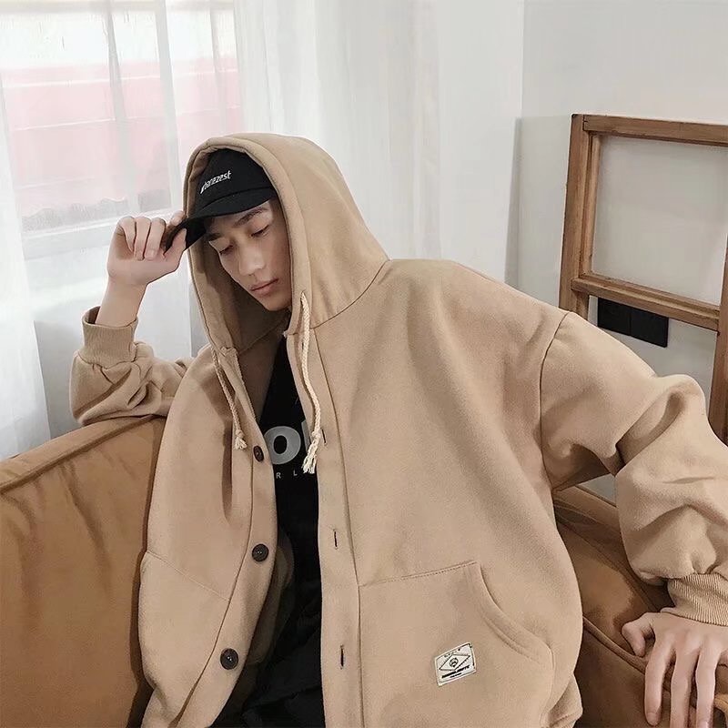 Áo Khoác Tay Dài Có Mũ Trùm Phối Dây Rút Màu Đen/ Khaki Phong Cách Hàn Quốc Thời Trang Cho Nam Và Nữ