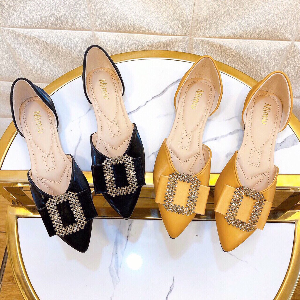 Giày búp bê nữ thời trang, sục nữ mang êm chân da bóng mũi nhọn chuẩn size từ 35-40 gót cao 2p màu vàng | BigBuy360 - bigbuy360.vn