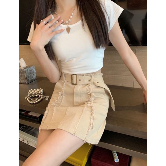 Jiashucheng Chân Váy Denim Chữ A Lưng Cao Màu Đen Thời Trang Mùa Hè 2023 Cho Nữ