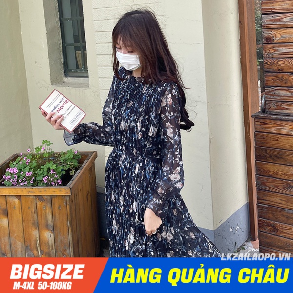 BIGSIZE nữ 45-100kg Đầm voan tay dài dáng xoè in hoa thiết kế Hàn Quốc ulzzang vintage mùa thu - Váy hoa nhí -quảng châu cao cấp