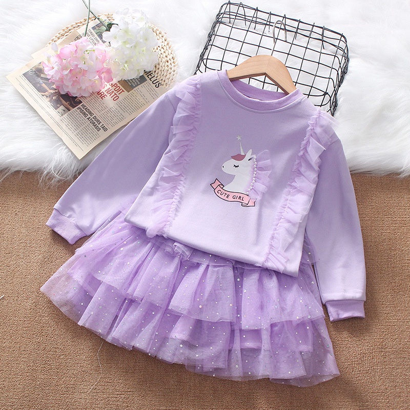Bộ Áo Sweater Tay Dài In Hoạt Hình Kỳ Lân Đính Ngọc Trai + Chân Váy Lưới Nhiều Tầng Thời Trang Mùa Thu 2021 Cho Bé Gái