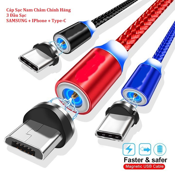 Cáp Sạc Nam Châm 3 Đầu SAMSUNG/IPHONE/TYPE C Dây Bọc Dù Siêu Bền Có Đen LED Cao Cấp, Tốc Độ Ổn Định 412