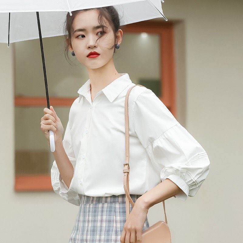 ảnh thật - Áo sơ mi chất cotton thô tay bồng tiểu thư