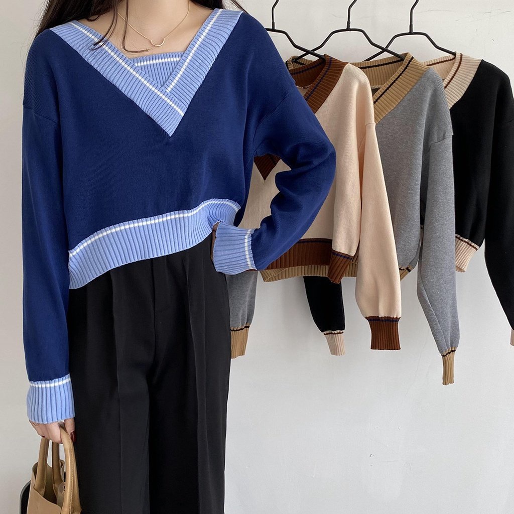 Áo Len Croptop Thủy Thủ Cổ V Tay Dài Dáng Rộng Họa Tiết Sọc Ngang Cá Tính Phong Cách Thời Trang Hàn Quốc M127 N-11