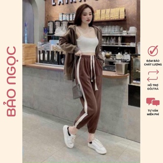 Quần jogger nữ bom gấu nỉ tăm phối sọc