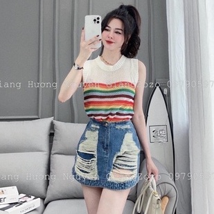 ÁO BA LỖ, ÁO SÁT NÁCH LƯỚI PHỐI KẺ SẮC CẦU VỒNG, CỔ TRÒN DÁNG NGẮN CHẤT LEN DỆT KIM TRẺ TRUNG CÁ TÍNH CHO NỮ