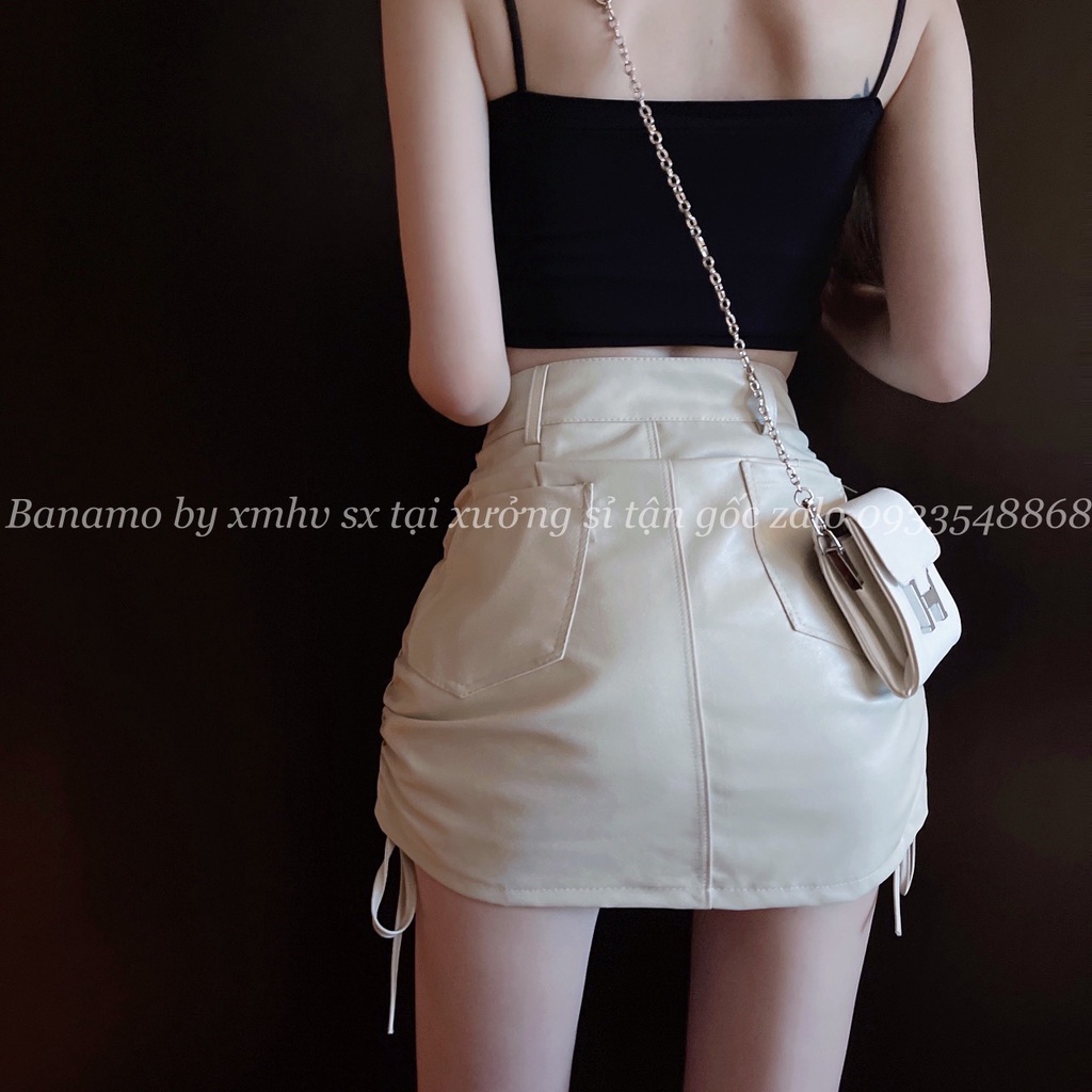 Chân váy ngắn nữ chất da mềm dây rút 2 bên cá tính màu đen nâu kem thời trang Banamo Fashion 5912