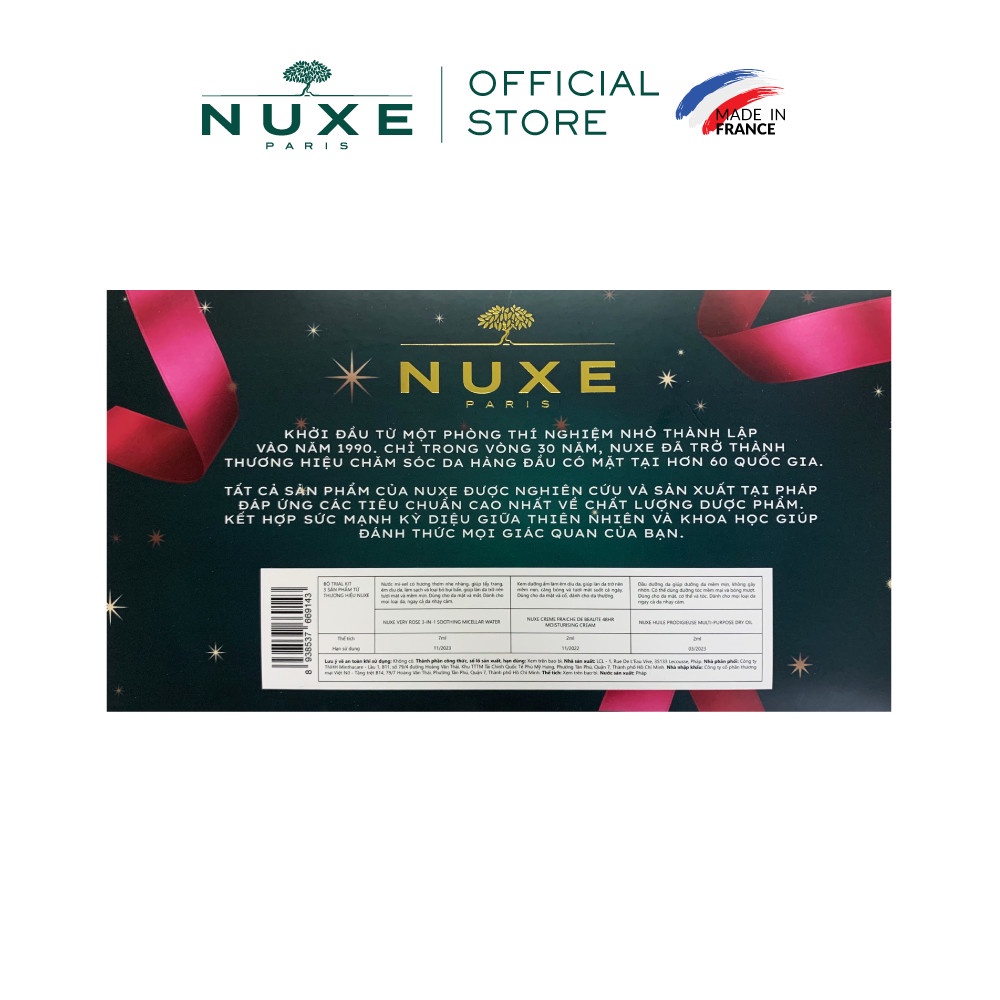 Bộ trial kit 3 sản phẩm trải nghiệm Nuxe (Micellar Water 7ML + Moisturising Cream 2ML + Multi-purpose Dry Oil 2ML)
