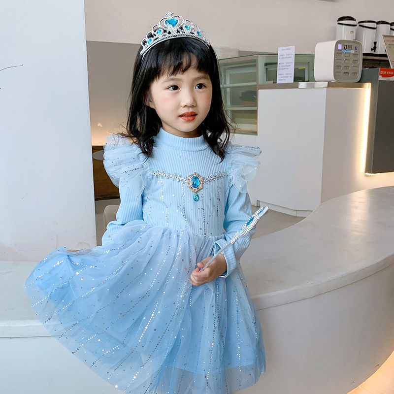 Bé Đầm Công Chúa Đầm Dày Cô Gái Lưới Mùa Thu Nhung Váy Elsa Công Chúa Lãng Mạn Trẻ Em Frozen