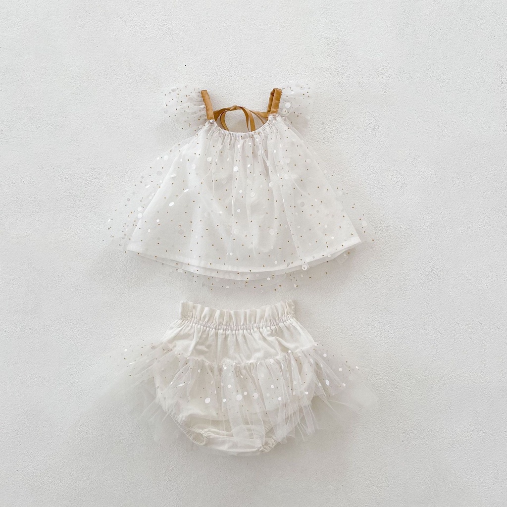 Set váy + quần voan trắng bé gái tiểu thư lấp lánh mềm mại, size bé 0-2 tuổi