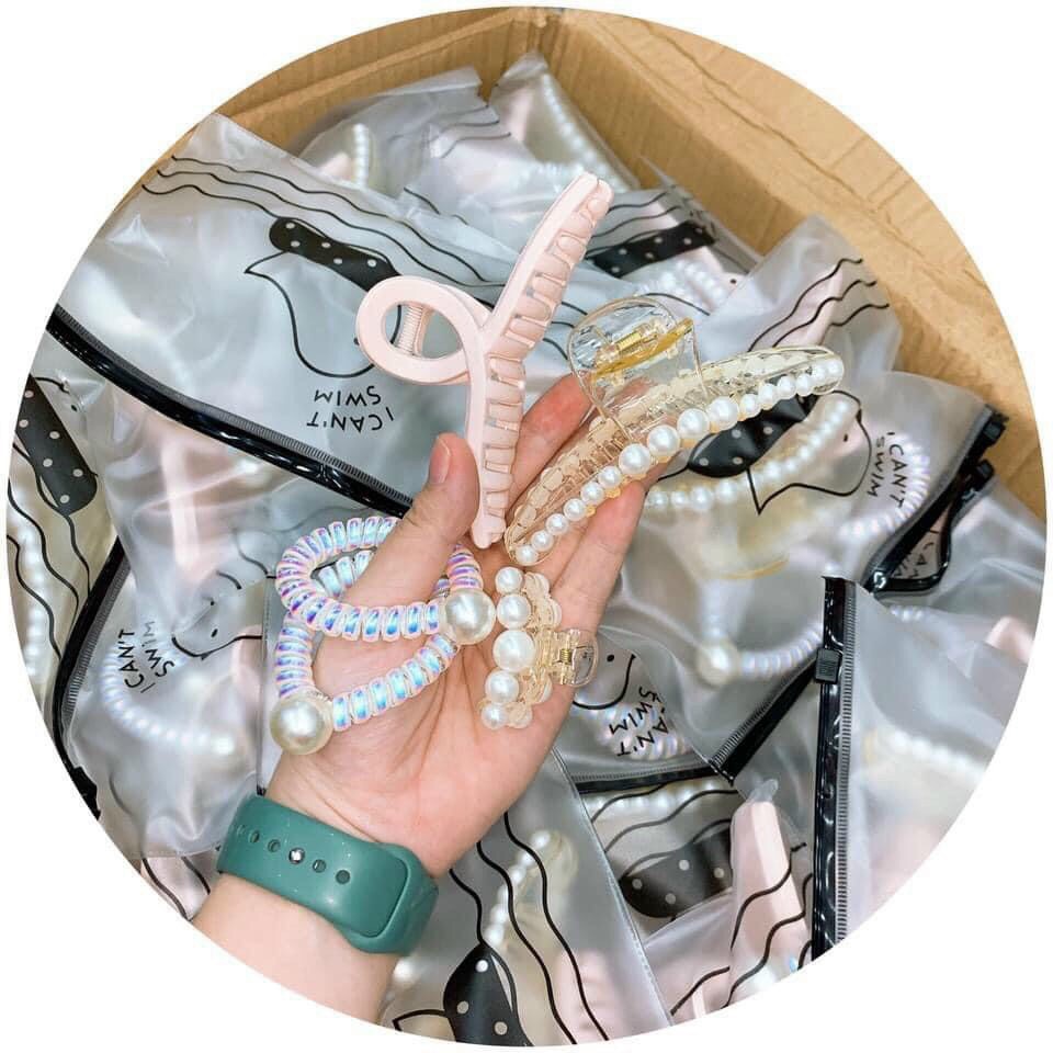 Set 5 phụ kiện tóc Hàn Quốc - Túi 5 món mix dây cột tóc + kẹp càng cua giả ngọc trai tiểu thư sang chảnh 100147