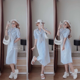 Đầm midi sơ mi xanh kèm gile sọc phối