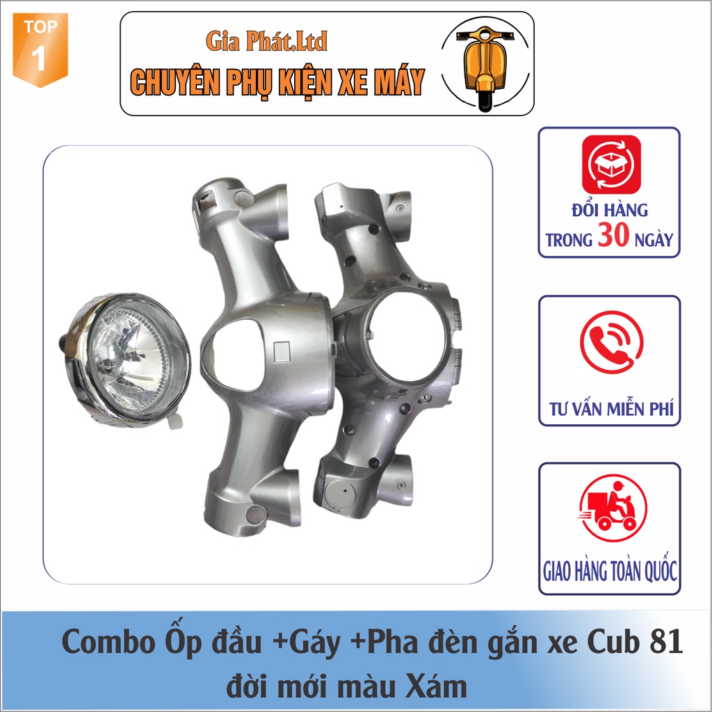 Combo Ốp đầu màu XÁM gắn xe Cub 81 đời mới đầy đủ ốp đầu trước,gáy sau và pha đèn kèm bóng