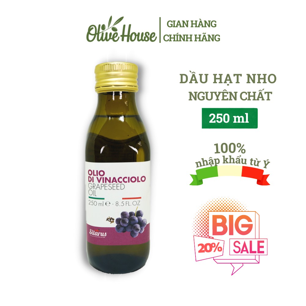 Dầu Hạt nho nguyên chất 250ML cho bé ăn dặm, tẩy trang cho da nhạy cảm - hiệu Silarus nhập khẩu 100% từ Ý